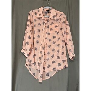 Rue21 Womens Medium Peach Pink Heart Print Button Down High Low Blouse Top